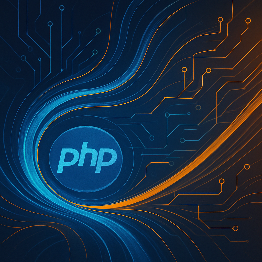 Ilustración abstracta de programación asíncrona en PHP con circuitos y líneas de flujo